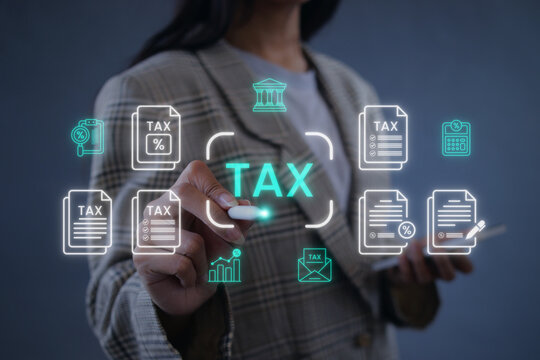 Businesswoman Touching Corporate Tax Assessment Hologram with Stylus Pen