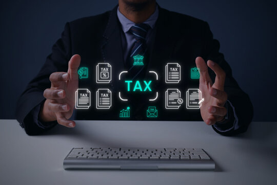 Businessman Presenting Online Financial Tax Payment System Hologram