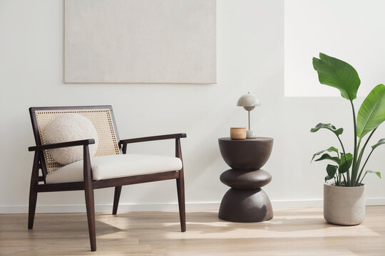 Modern scandinavian style interior with chair and trendy vase, Home staging and minimalism concept, Soft natural light, calm cozy atmosphere.