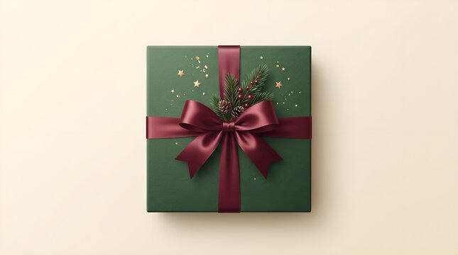 Green Christmas gift box with burgundy ribbon and pine branch vector illustration