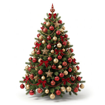 Decorated Christmas tree with red and gold ornaments festive bows and golden stars isolated on a white background