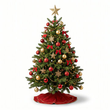 Elegant decorated Christmas tree, festive holiday pine with red and gold baubles, traditional evergreen tree isolated on white background