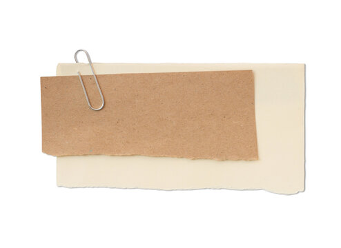 Layered torn paper sheets with metal paperclip isolated on white and transparent background, Empty message note reminder card template