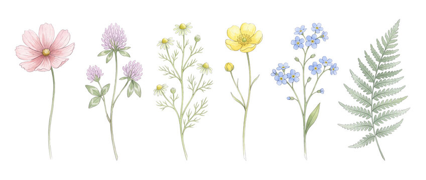 Wildflower botanical illustration set floral elements featuring pink cosmos, purple clover, chamomile, yellow buttercup, blue forget-me-not, green fern leaf on black background for design project.