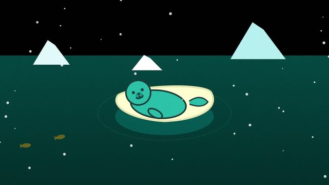 Cute cartoon seal resting on ice floe under starry night sky, arctic scene