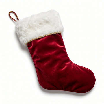 Red Velvet Christmas Stocking with White Faux Fur Cuff Isolated on White Background