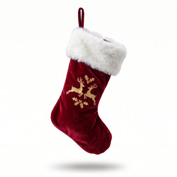 Red Velvet Christmas Stocking with White Faux Fur Trim and Gold Reindeer Embroidery Isolated on White Background