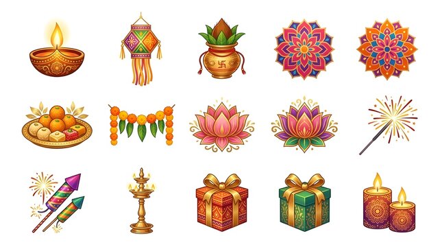 Colorful Diwali Festival Elements Collection with Traditional Diyas, Rangoli, Marigold Garlands, Fireworks and Gift Boxes