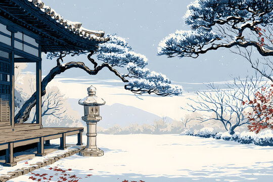 日本庭園の美しい雪景色 雪化粧した松と石灯籠が並ぶ冬の和風庭園イラスト
