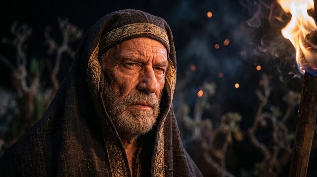 Sanhedrin council elder illuminated by torchlight watches sternly during the Arrest of Jesus in the Garden of Gethsemane at night