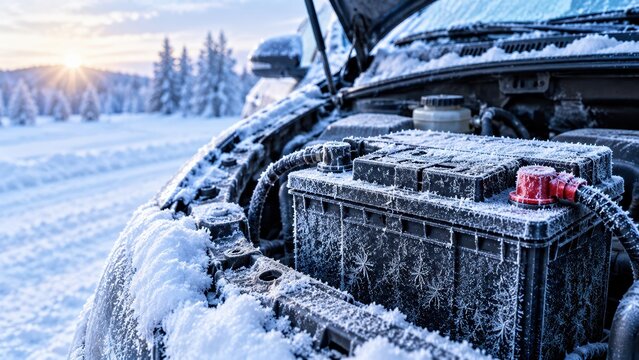 Frozen Car Battery Covered in Frost and Snow Under Open Hood During Extreme Winter Cold