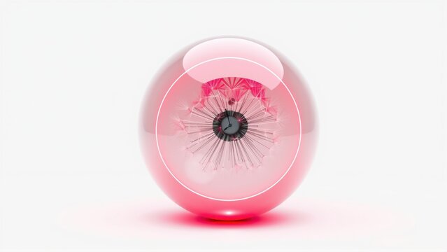 Glossy pink sphere reflects intricate floral pattern. Light source creates subtle shadow, highlighting round form. Minimalist composition.