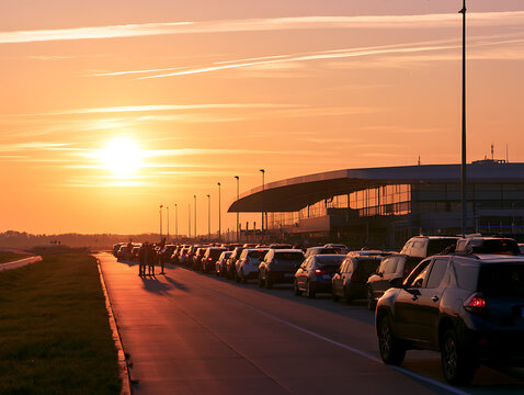 Long queue at border checkpoint during summer evening travel