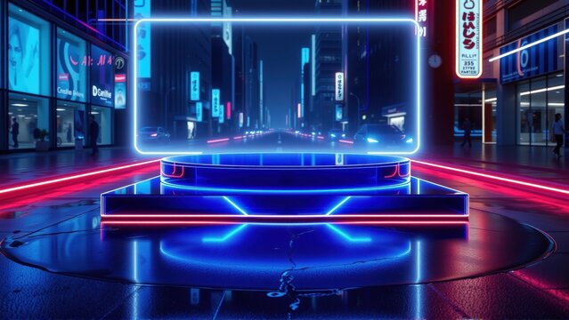 Futuristic city scene. Neon lights illuminate wet streets, reflecting vibrant colors. Central display showcases cityscape within glowing frame.