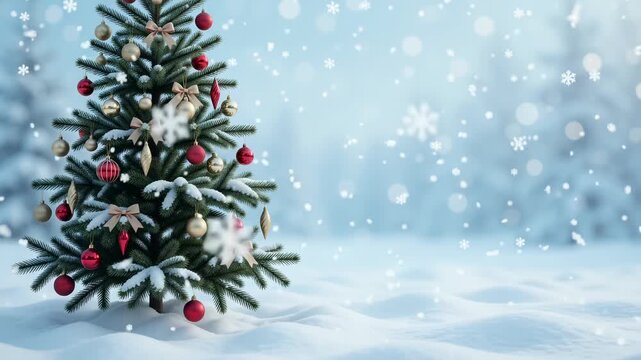 Decorated Christmas tree in snowy landscape with red and gold ornaments, festive winter copy space 3d render background loop
