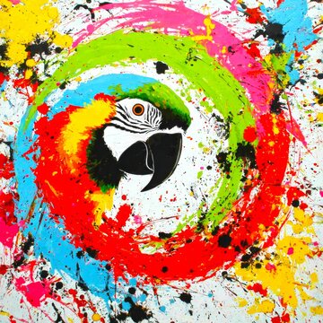 A vibrant parrot blends into a colorful artistic background. The lively colors create a striking contrast. This image is perfect for art lovers and bird enthusiasts. AI