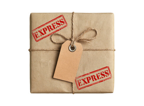 Brown Paper Parcel with Twine and Red Express Stamps