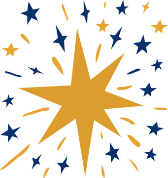 Hand drawn star burst explosion with sparks vector clipart. Flat starry night naive illustration of star and celestial sparkles for new year, christmas and celebration packaging. Vector illustration