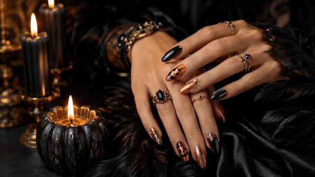 Hands display ornate Halloween nail art and rings beside pumpkin candles. Gothic fashion and fantasy costume. Halloween party style. Seasonal beauty and manicure.