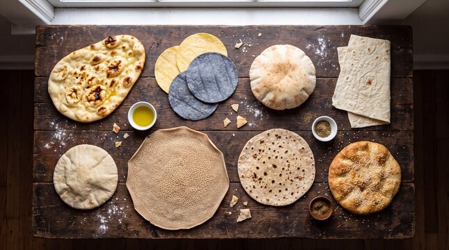Flat Lay of Flatbreads From Around World Naan Tortilla Pita Lavash Injera