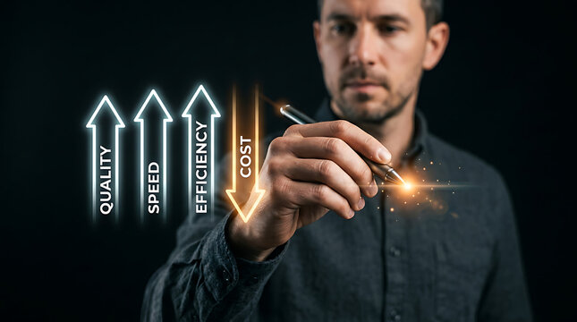 A man uses a digital pen to interact with business performance metrics on a screen