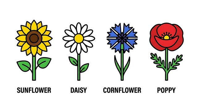 Set of four distinct flower icons including sunflower daisy cornflower and poppy designed in a simple flat vector style for web and app design elements isolated on white