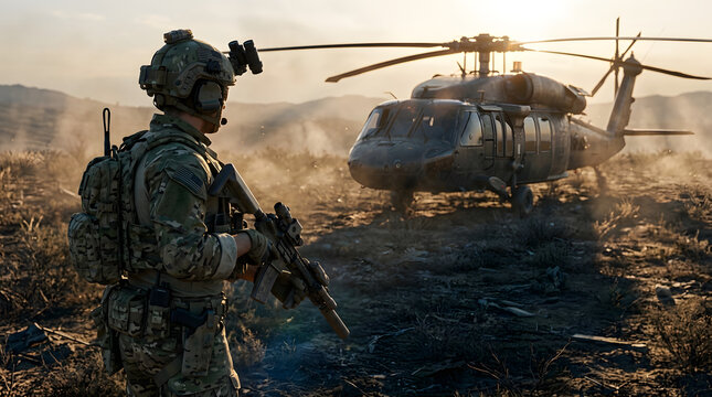 Tactical Soldier Observing Military Helicopter on Arid Ground at Sunset