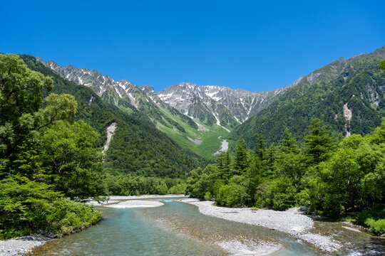 Azusa River and mountain view along Kamikochi trail, Japan