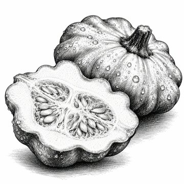 Pumpkin sliced in half displays textured rinds and intricate seed patterns rendered in a classic hand-drawn illustration.