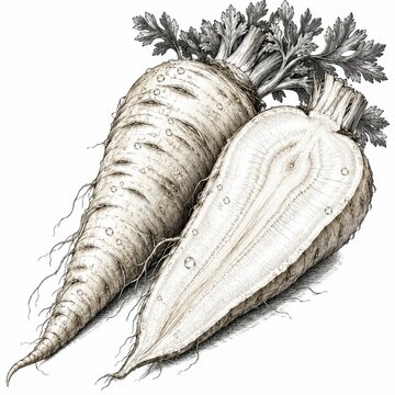 Parsnip roots drawn with intricate pencil crosshatching reveal smooth pale skin and earthy textures in black and white.