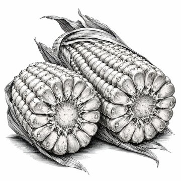 Corn cobs illustrated with detailed ink hatching showcase golden kernels and textured husks in monochrome style.