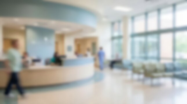 Modern hospital reception and waiting area interior with soft lighting and professional atmosphere. Ideal for healthcare, wellness, or medical business stock photography concepts.