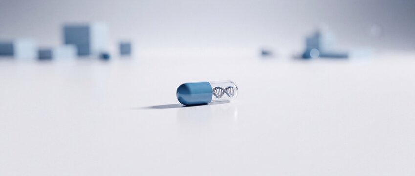 Isolated pharmaceutical capsule with visible DNA helix inside, representing genetic research and medical innovation on a clean, soft background
