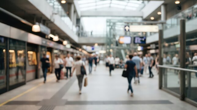 Busy commuter crowds moving through a modern train station terminal in a bright, abstract blurred scene. Perfect for illustrating public transport, urban travel, and modern architecture.