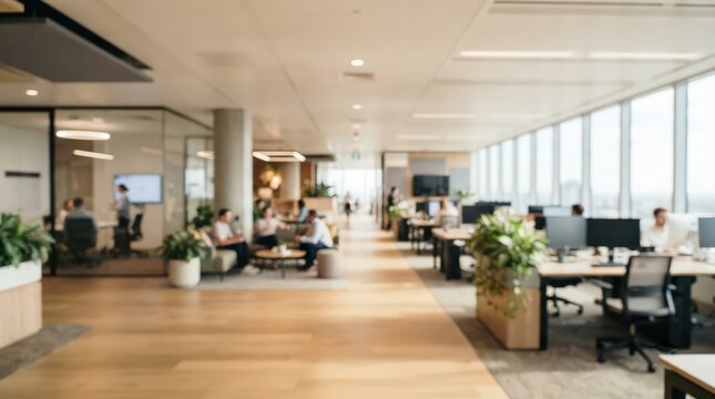 Professional modern office interior featuring an open plan workspace with a blurred view of employees, ideal for corporate branding, business presentations, and professional web backgrounds.