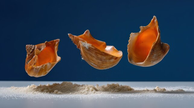 Abstract composition of flying seashell fragments above sand on blue background