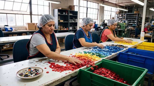 Workers Hand Sorting Colorful Buttons Into Bins on Factory Table