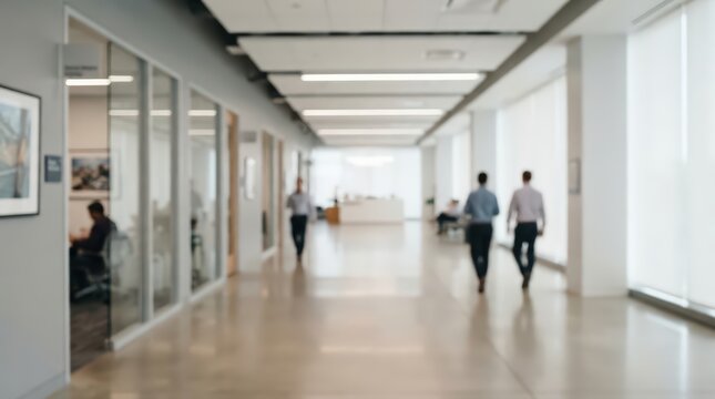 Professional business environment featuring a bright, modern corporate hallway with coworkers walking through an office space. Soft-focus composition ideal for commercial projects.