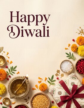 Happy Diwali Greeting with Marigold Flowers and Traditional Gift