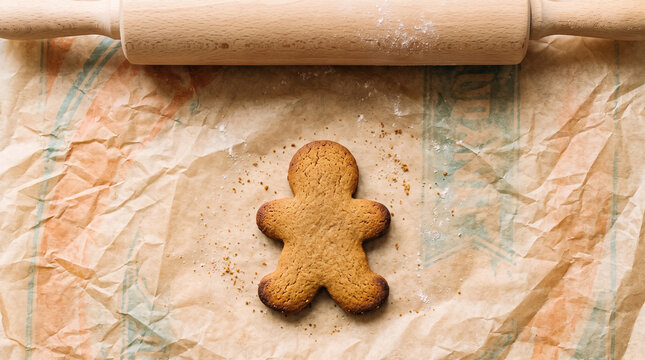 Freshly Baked Gingerbread Man Cookie on Crumpled Parchment Paper with Wooden Rolling Pin