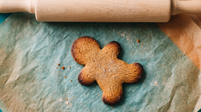 Homemade gingerbread man cookie resting on light blue parchment paper with a wooden rolling pin ready for festive holiday baking. A delicious sweet treat perfect for Christmas celebrations and