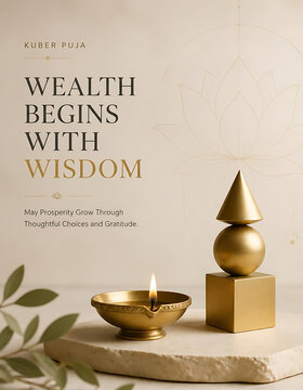 Kuber Puja poster with golden diya lamp and geometric shapes on stone