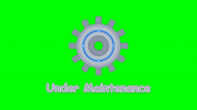 Six animated grey gear icons rotate above the text Under Maintenance on a solid green chroma key background. Perfect for web development and system update videos.