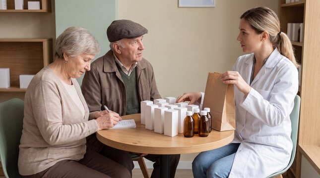 Pharmacist Reviewing Bag of Medicines With Elderly Couple at Table