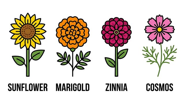 Set of four popular garden flowers including sunflower marigold zinnia and cosmos in a colorful outline flat design for botanical education or design projects