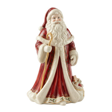 Ceramic santa claus figurine with a staff and gift bag isolated on transparent background