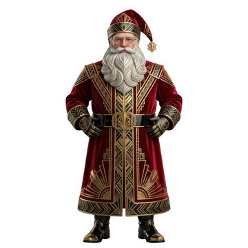 Art deco style santa claus with gold geometric patterns isolated on transparent background