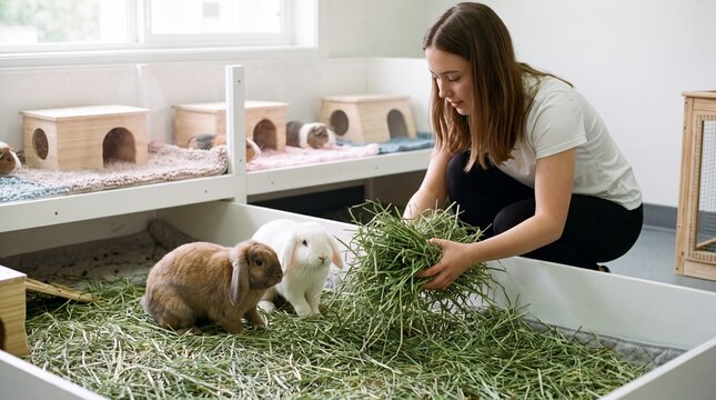 Staff Member Feeding Hay to Rabbits at Small Pet Boarding Room