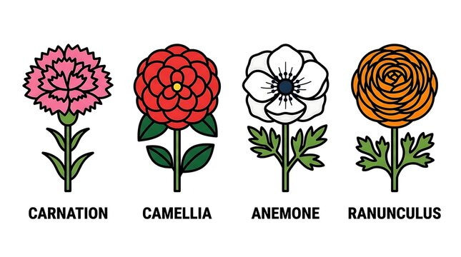 Collection of four distinct flower types including carnation camellia anemone and ranunculus presented in a minimalist flat design style perfect for botanical illustrations or decorative graphic eleme