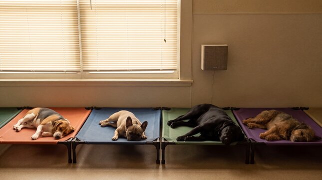 Row of Tired Dogs Napping on Raised Cots During Daycare Quiet Time